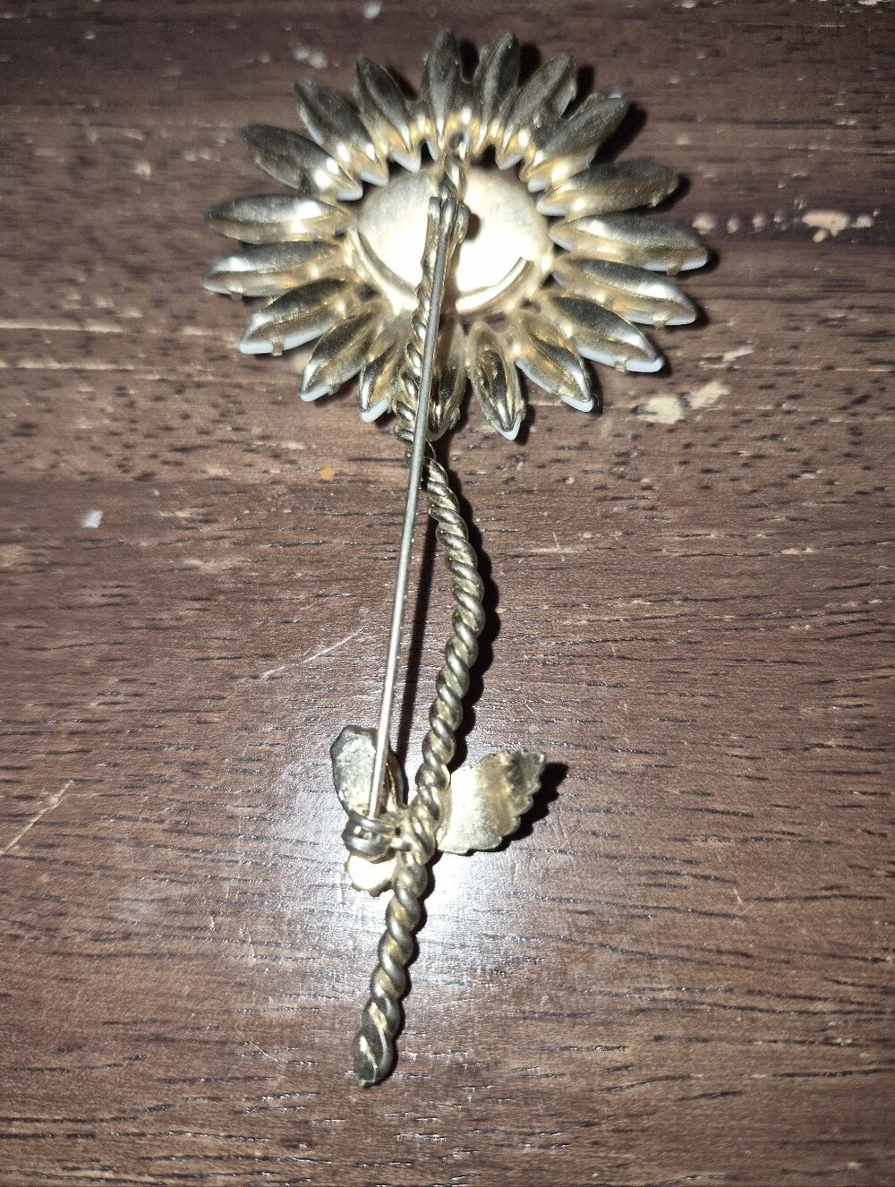 Vintage White Milk Glass Navettes & Black Glass Cadochon Center Flower Brooch